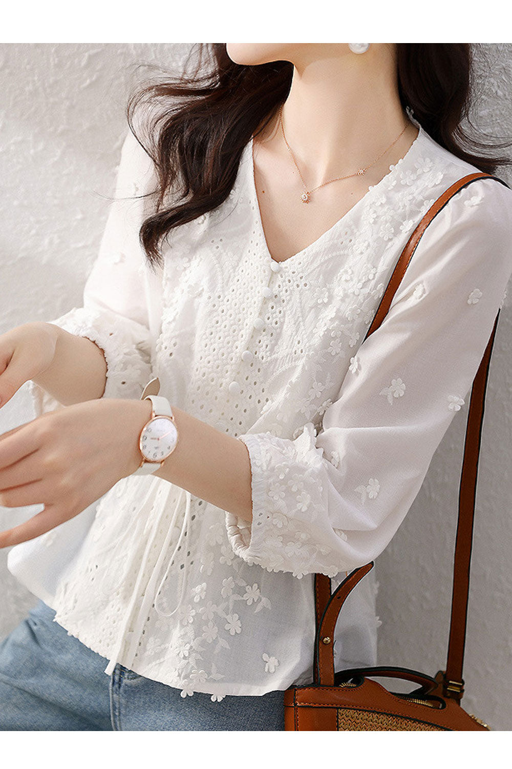 Women's Fashion Style Flower Decoration V-Neck Shirt Top