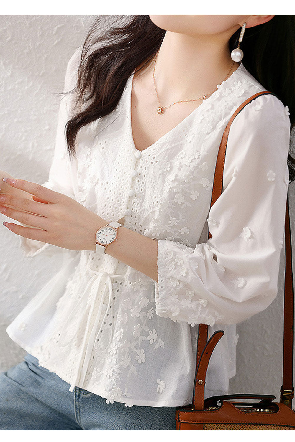 Women's Fashion Style Flower Decoration V-Neck Shirt Top