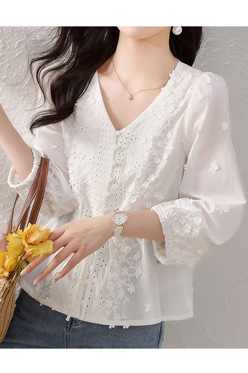 Women's Fashion Style Flower Decoration V-Neck Shirt Top