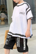 Kids Boys New Fashionable Summer Round Neck Grimace Pattern T-Shirt With Descent Letter Print Shorts Two-Piece Suit