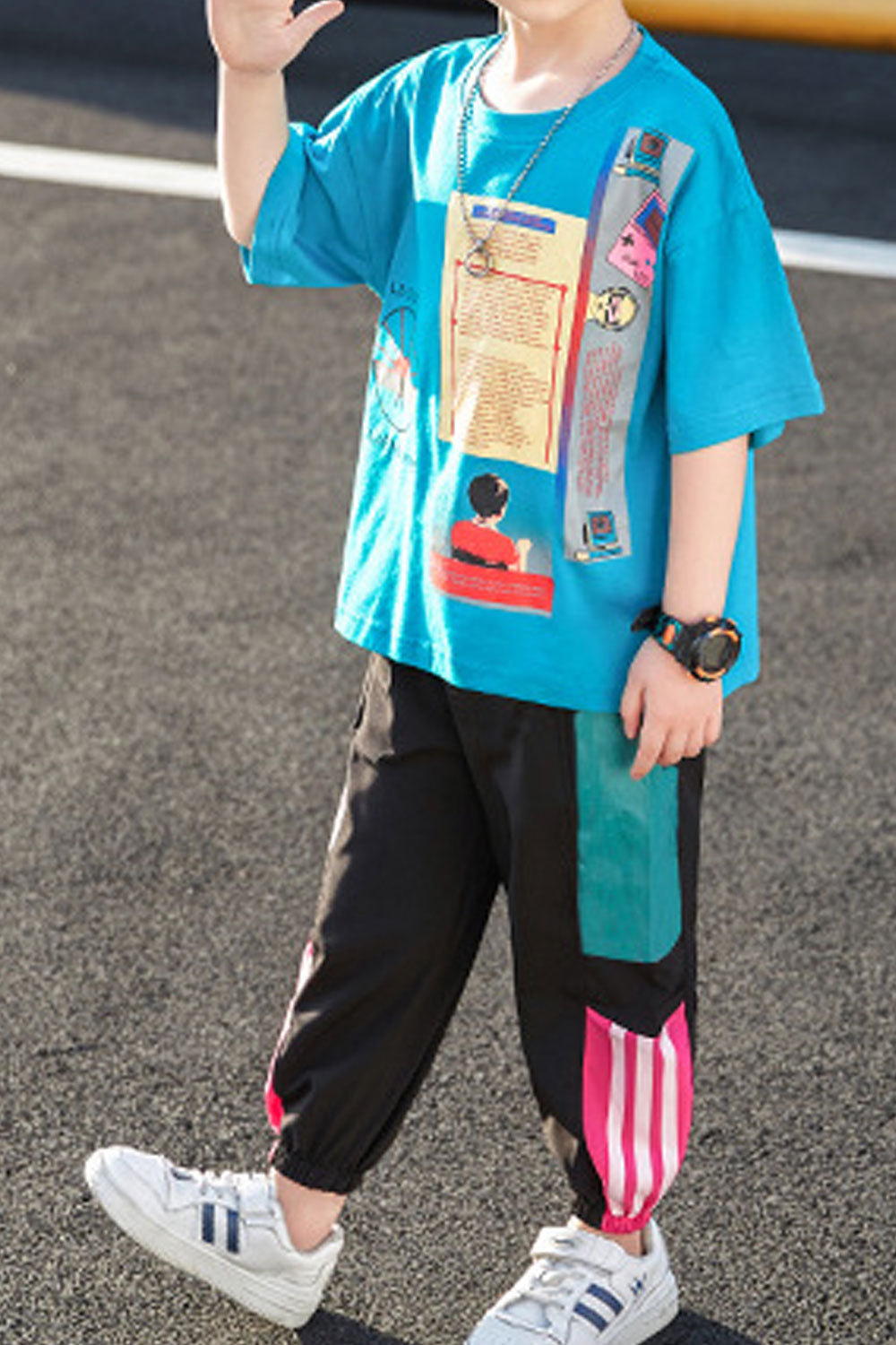 Kids Boys New Fashionable Summer Round Neck Letter Pattern Loose T-Shirt With Handsome Stylish Trouser Two-Piece Suit