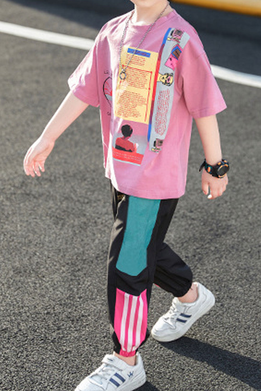 Kids Boys New Fashionable Summer Round Neck Letter Pattern Loose T-Shirt With Handsome Stylish Trouser Two-Piece Suit