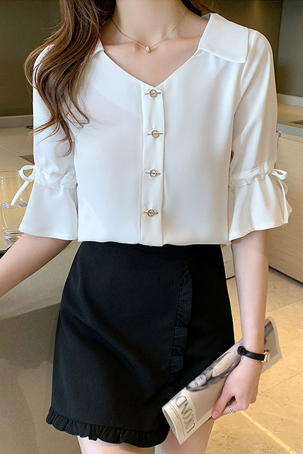 Women New Beautiful V-Neck Drawstring Tie Short Trumpet Sleeves Solid Color Summer Casual Chiffon Top