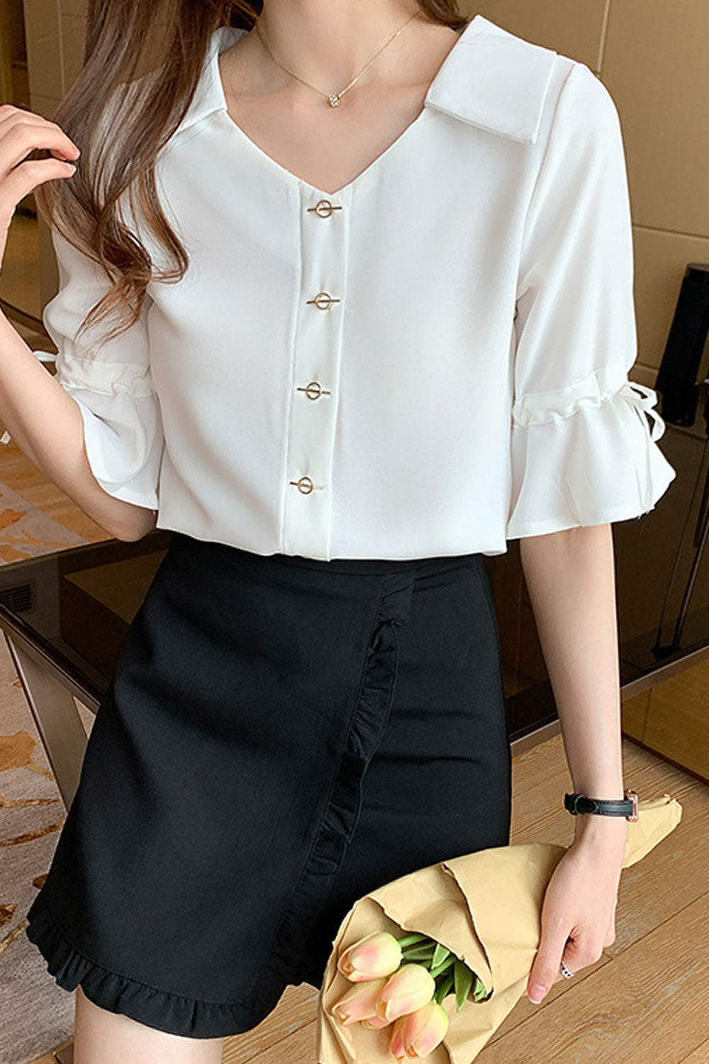 Women New Beautiful V-Neck Drawstring Tie Short Trumpet Sleeves Solid Color Summer Casual Chiffon Top