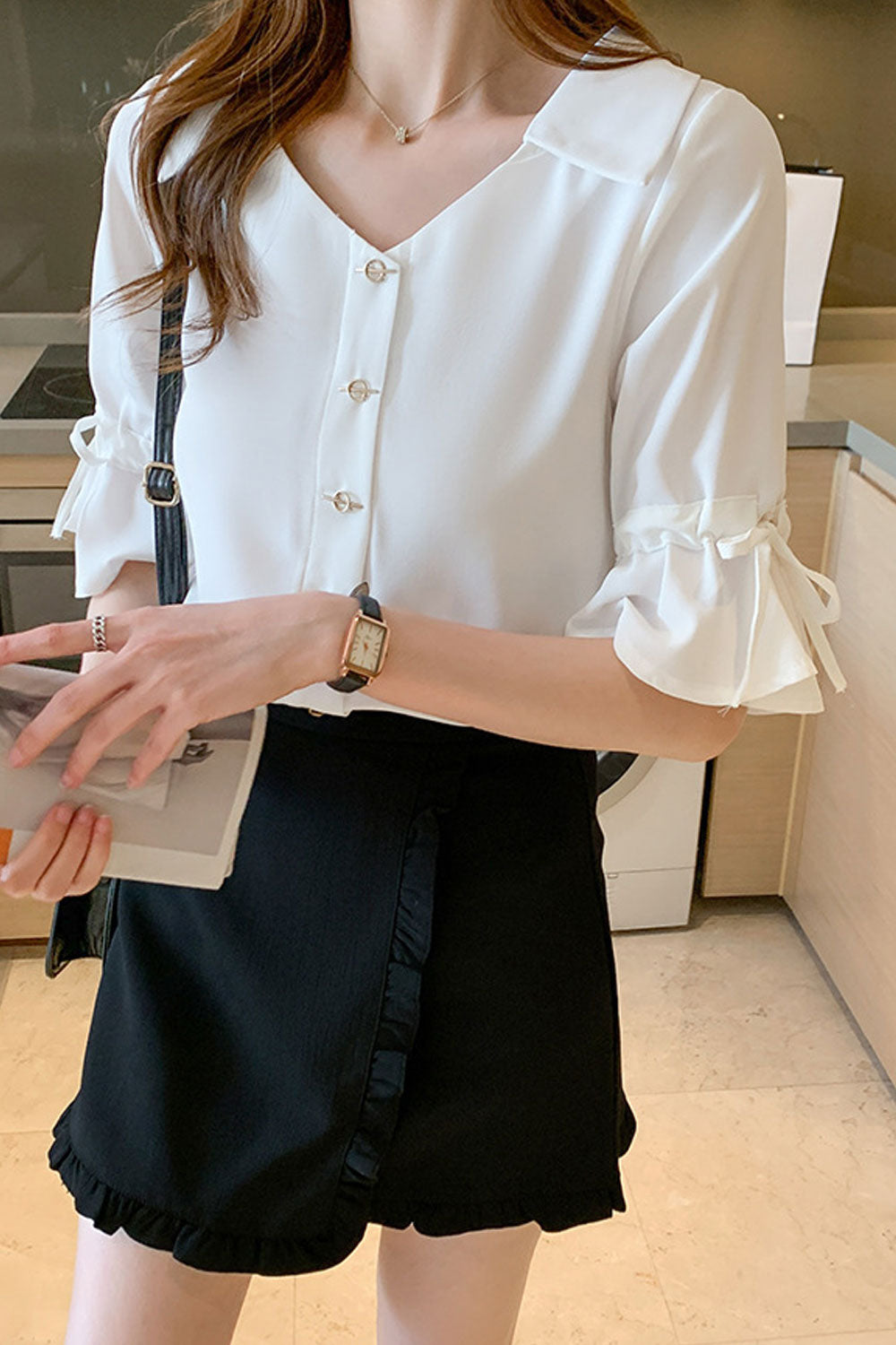 Women New Beautiful V-Neck Drawstring Tie Short Trumpet Sleeves Solid Color Summer Casual Chiffon Top