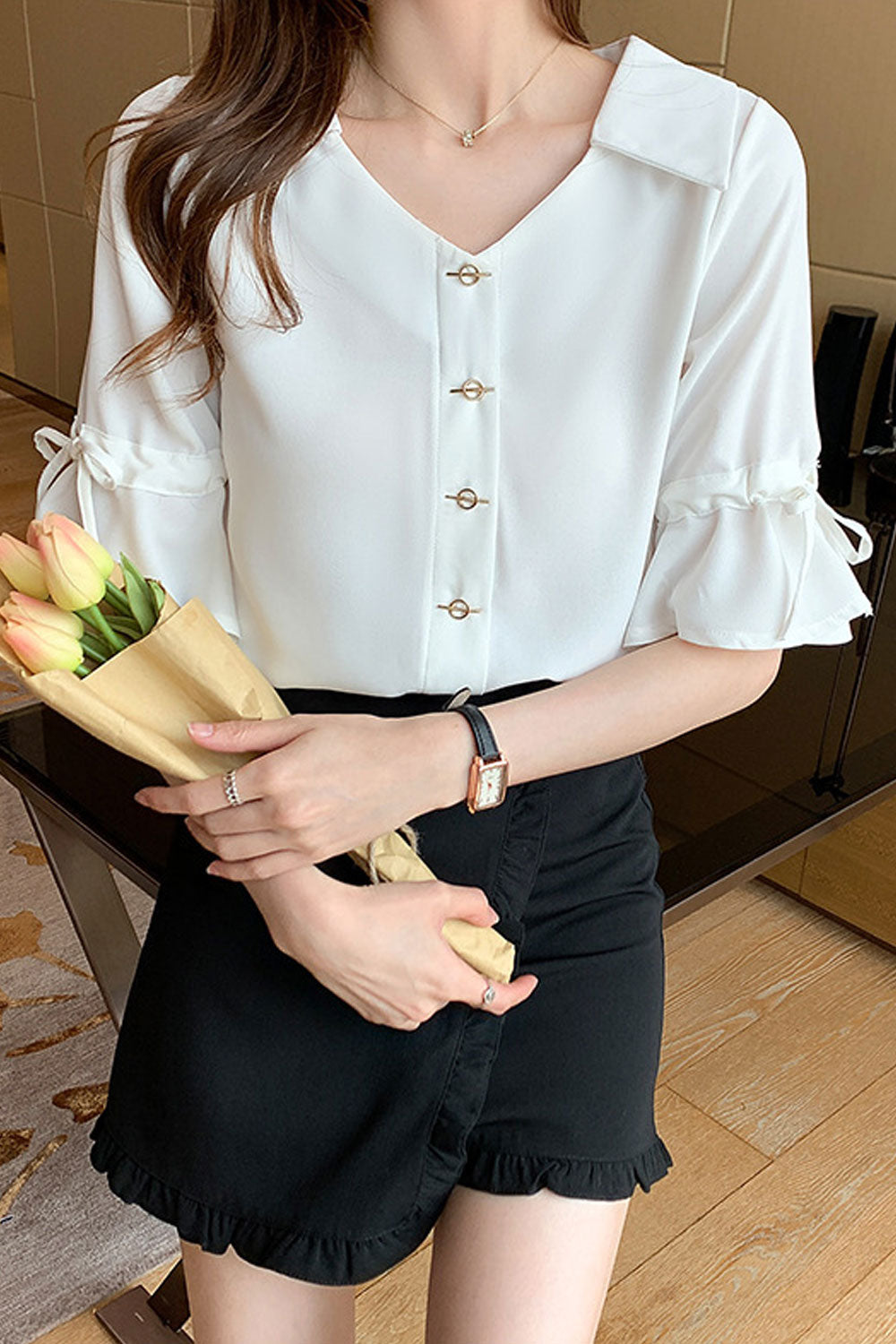 Women New Beautiful V-Neck Drawstring Tie Short Trumpet Sleeves Solid Color Summer Casual Chiffon Top