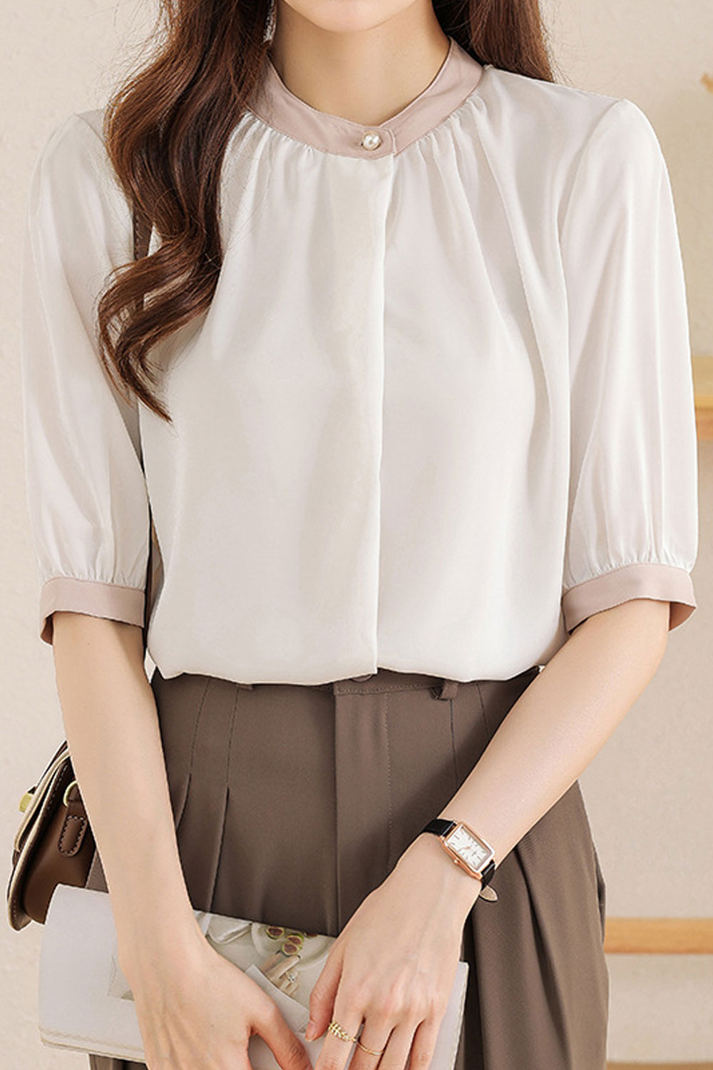 Women New Design Light Luxury Temperament commuting, Roll Edge, Stand up Collar, Pearl Button Short Sleeves Solid Color Summer C