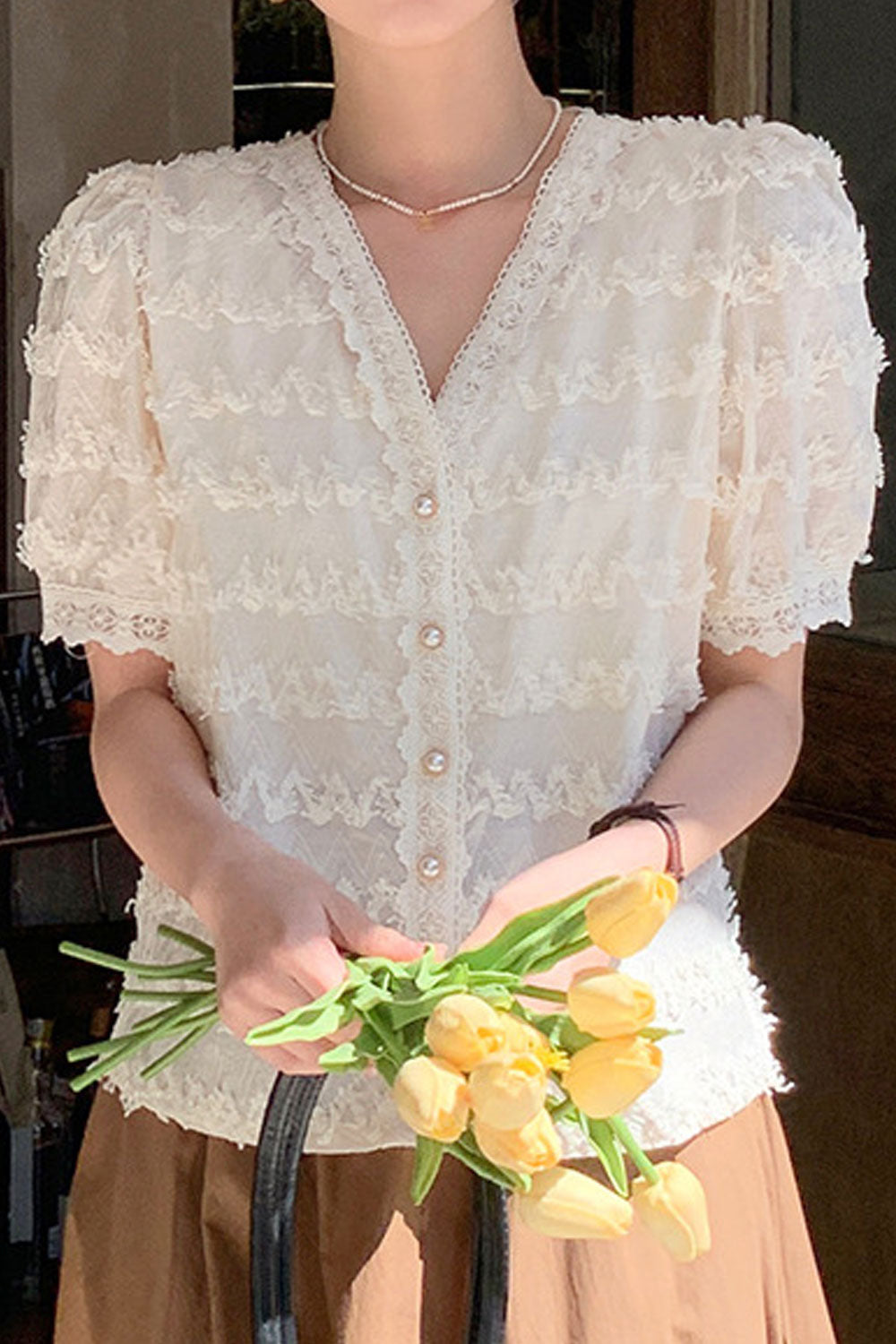 Women New Design Sense Fringed V-Neck Short Puff Sleeves Solid Color Fresh and Sweet Style Summer Casual Trendy Chiffon Top