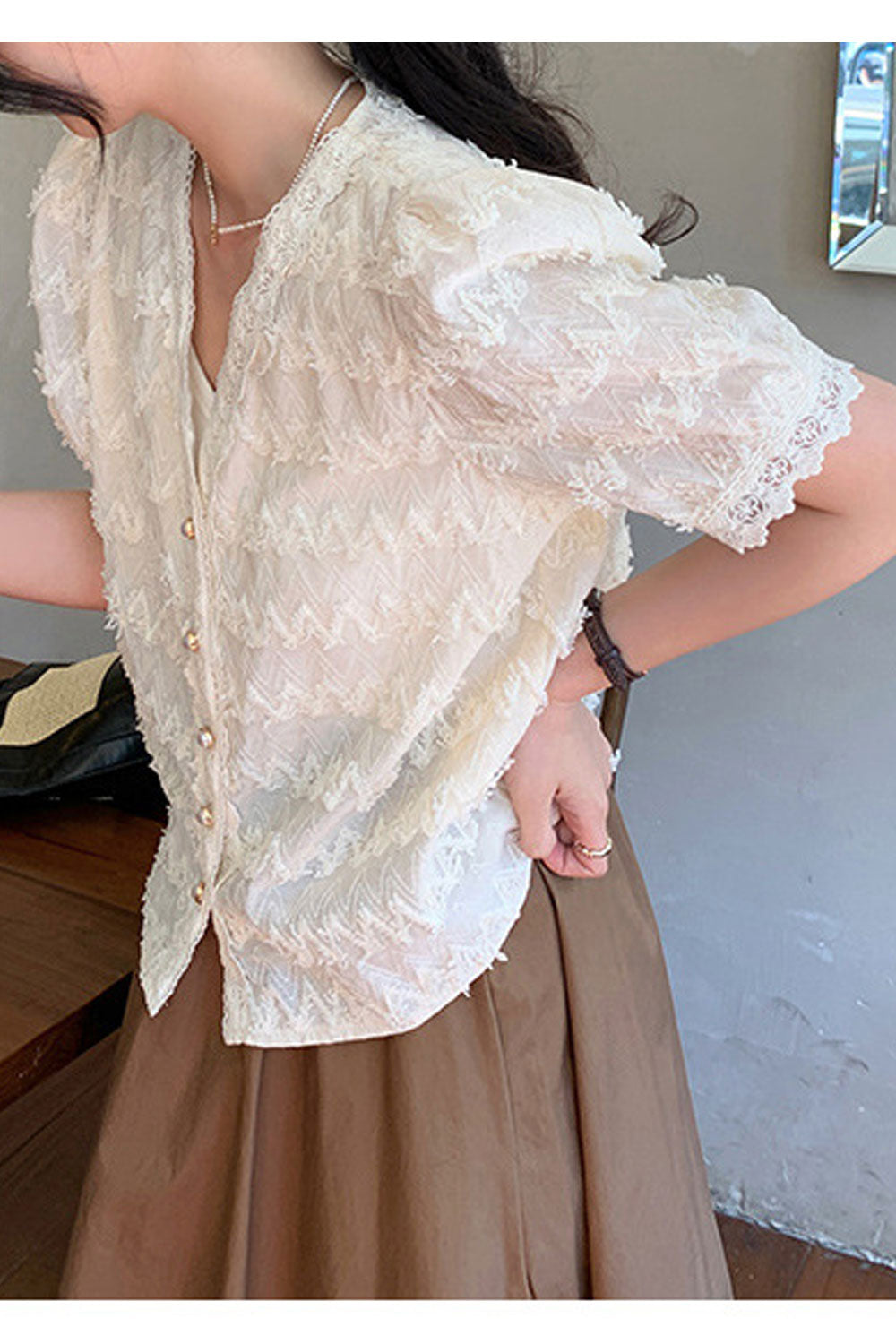 Women New Design Sense Fringed V-Neck Short Puff Sleeves Solid Color Fresh and Sweet Style Summer Casual Trendy Chiffon Top