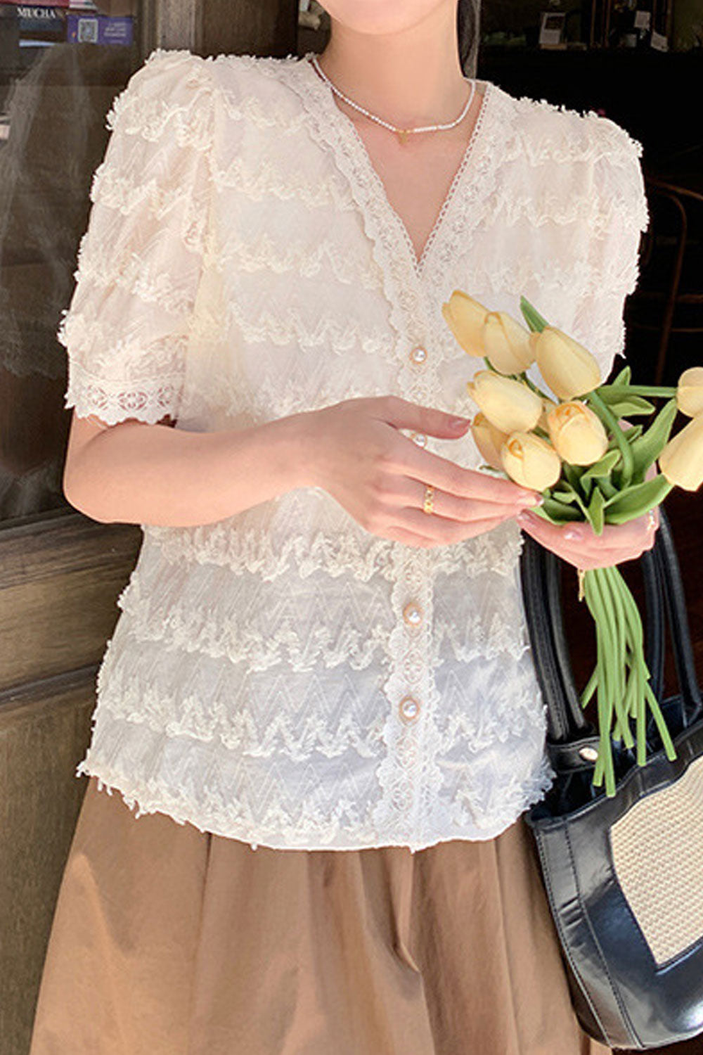 Women New Design Sense Fringed V-Neck Short Puff Sleeves Solid Color Fresh and Sweet Style Summer Casual Trendy Chiffon Top