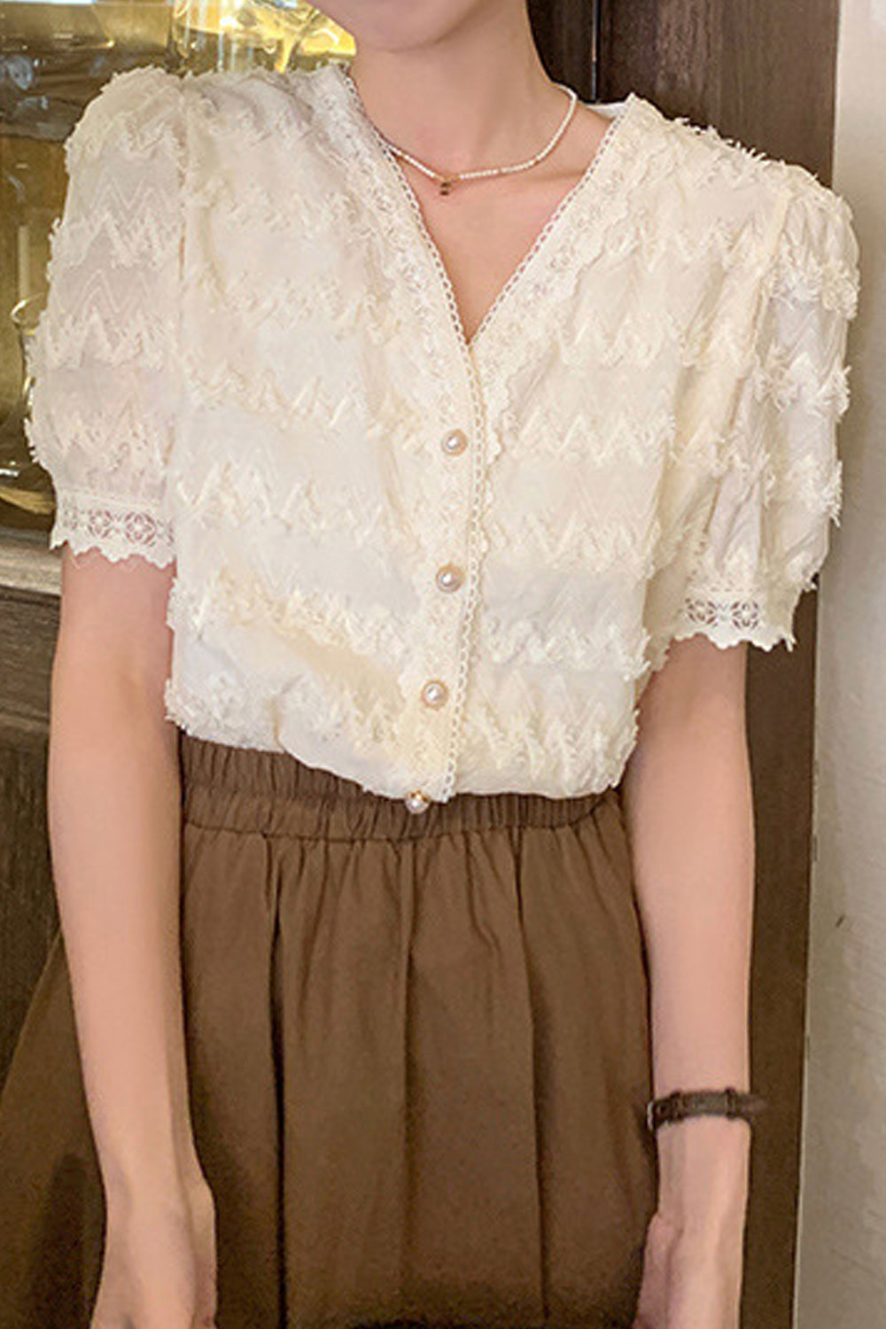 Women New Design Sense Fringed V-Neck Short Puff Sleeves Solid Color Fresh and Sweet Style Summer Casual Trendy Chiffon Top