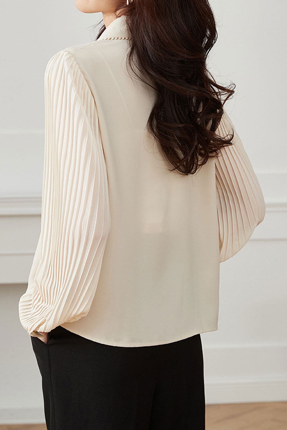 Women New Niche Sense Commuter Design Fashion Doll Collar Pleated Long Puff Sleeves Solid Color Sweet Style Summer Casual Loose