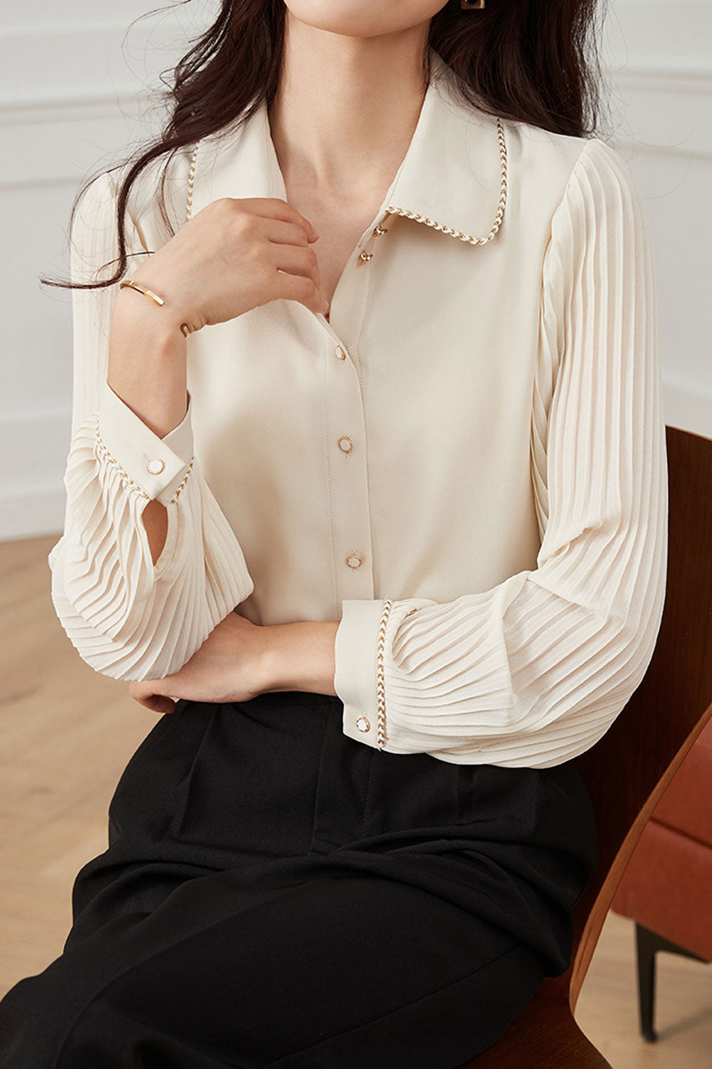Women New Niche Sense Commuter Design Fashion Doll Collar Pleated Long Puff Sleeves Solid Color Sweet Style Summer Casual Loose
