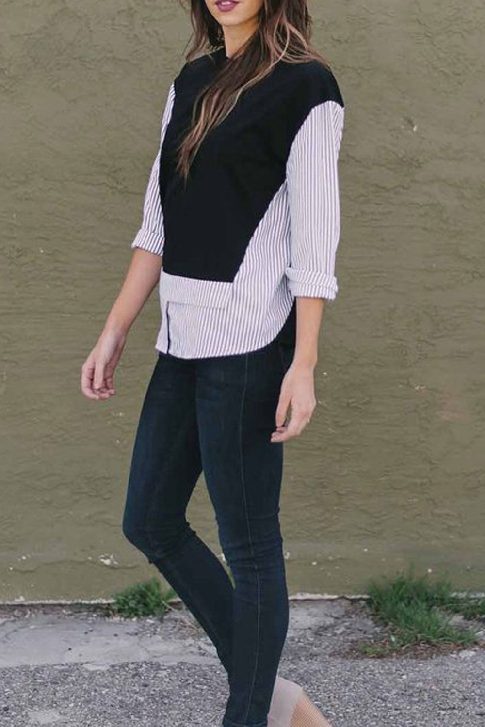 Women Dazzling Stripe Pattern Round Neck Top