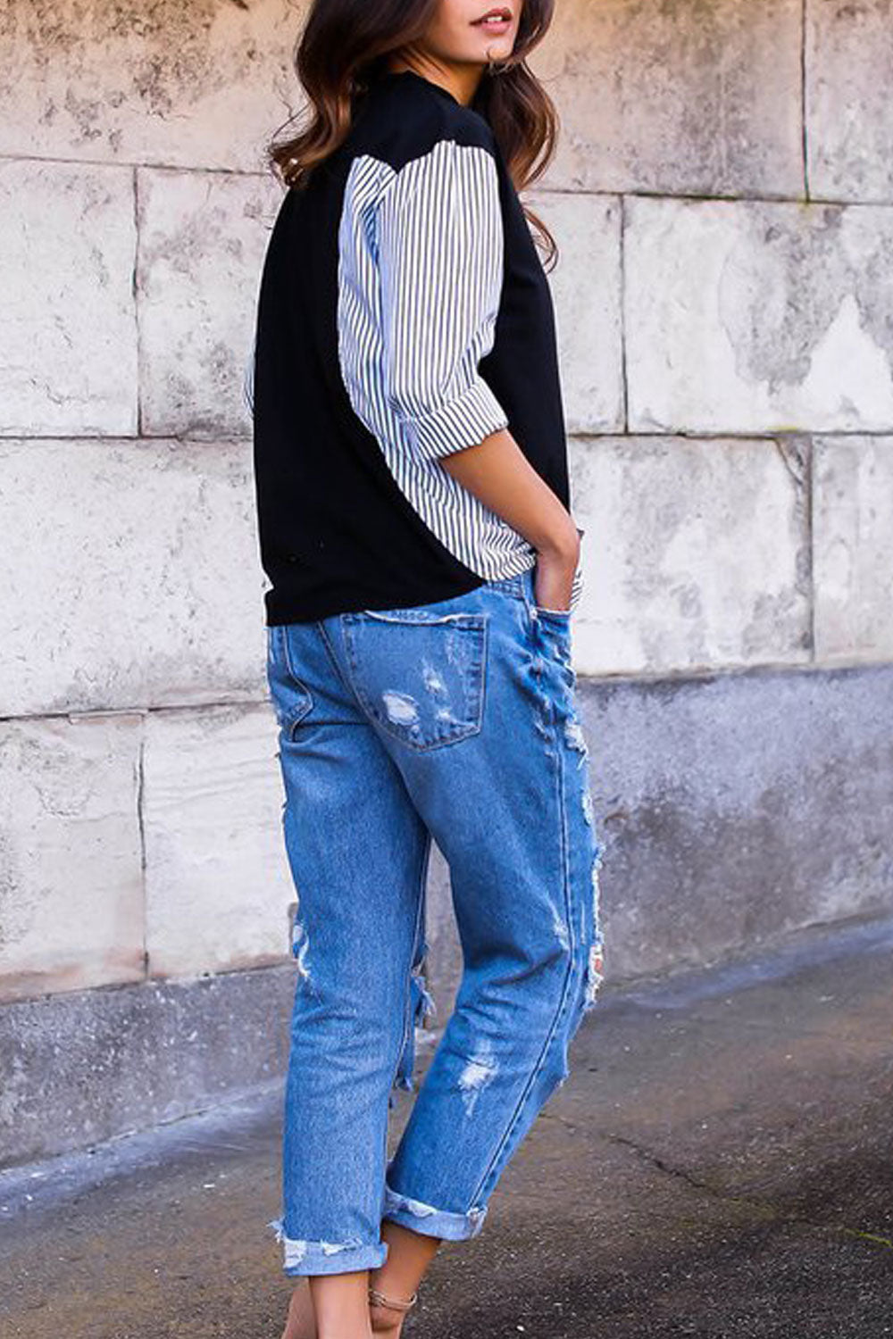 Women Dazzling Stripe Pattern Round Neck Top