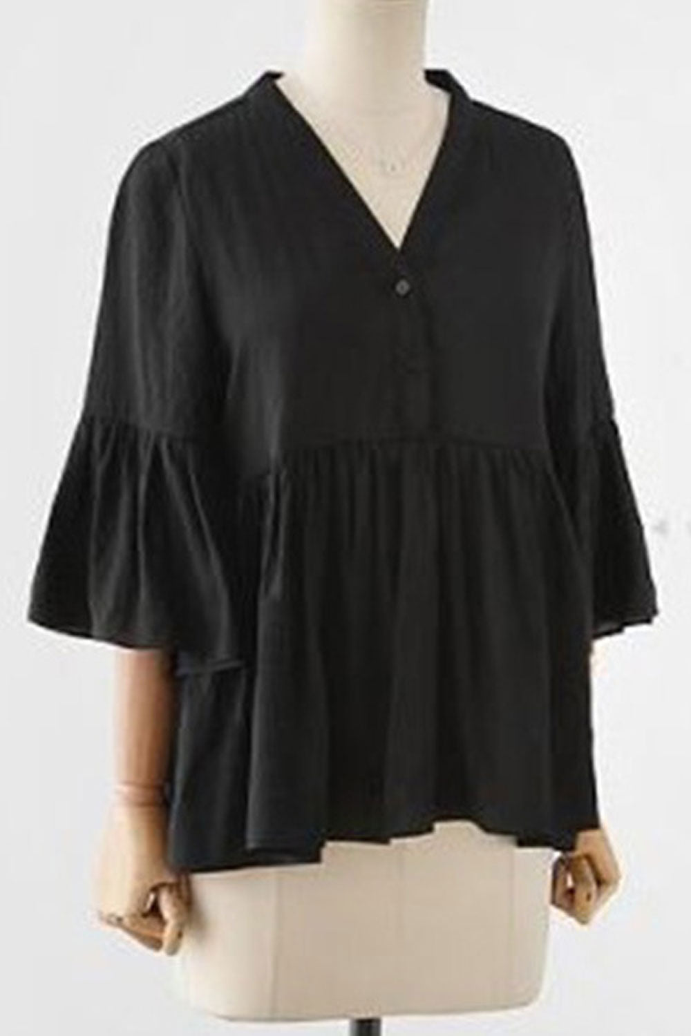 Women Stylish V Neck Bell Sleeves Solid Color Top