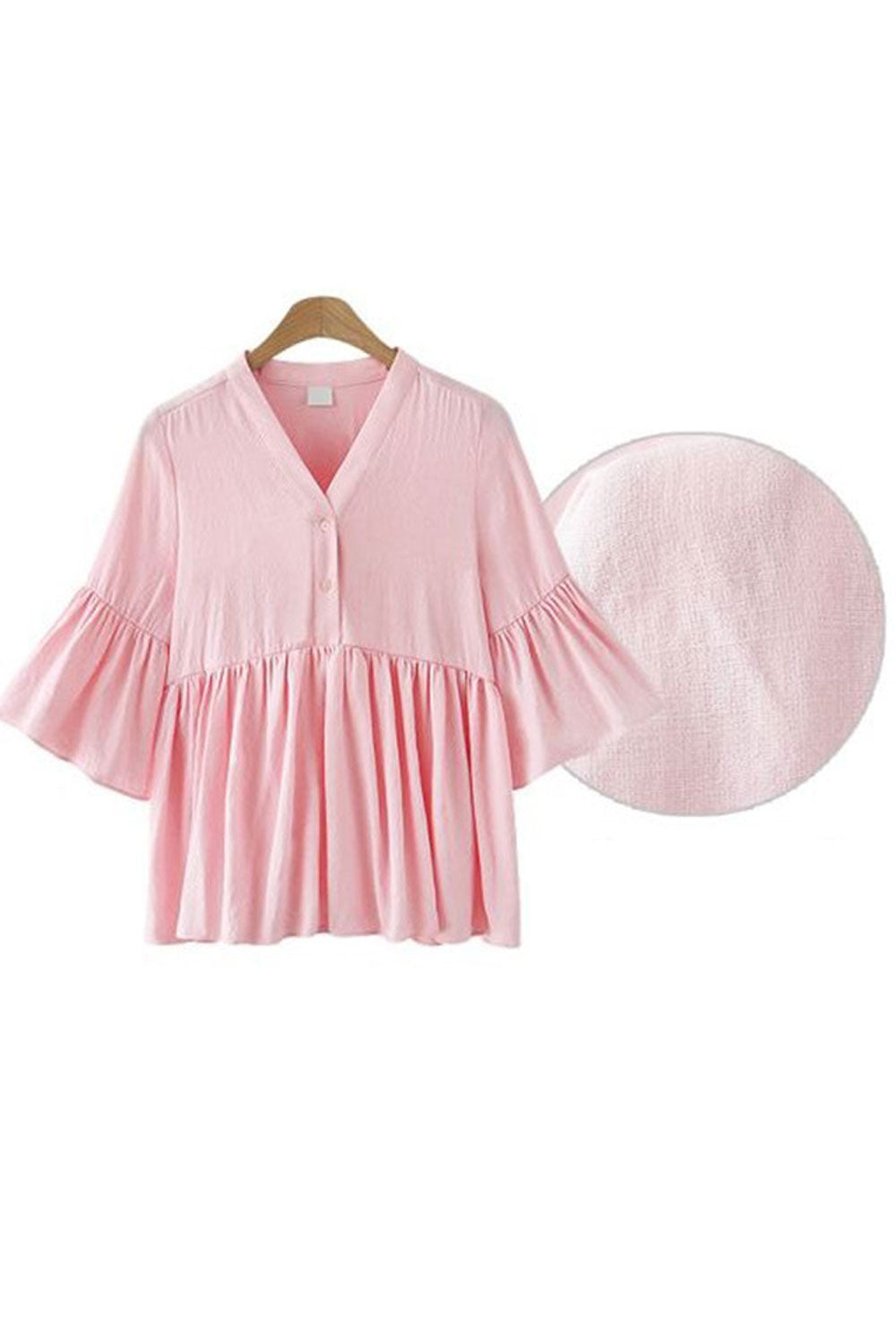 Women Stylish V Neck Bell Sleeves Solid Color Top