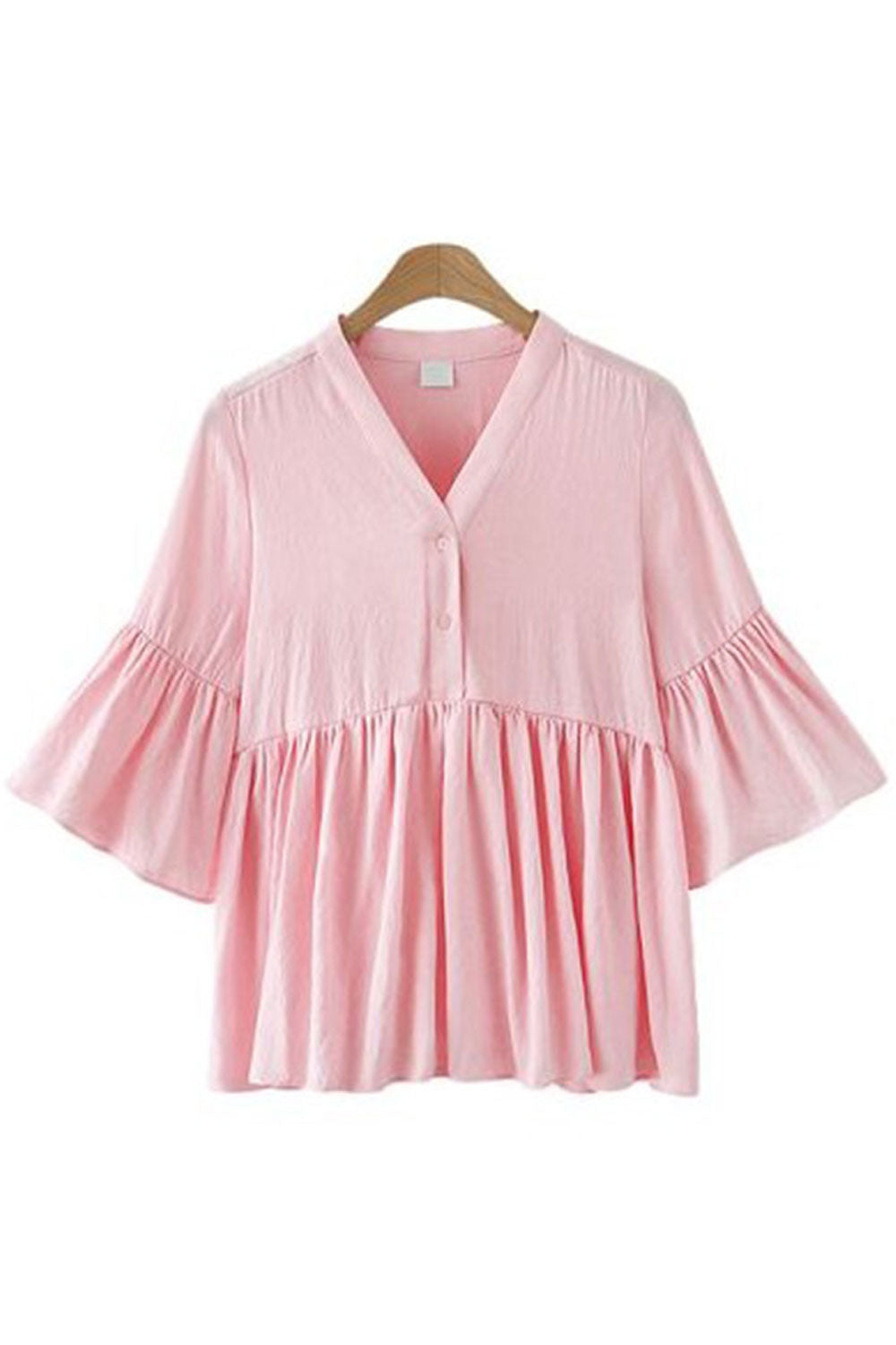 Women Stylish V Neck Bell Sleeves Solid Color Top