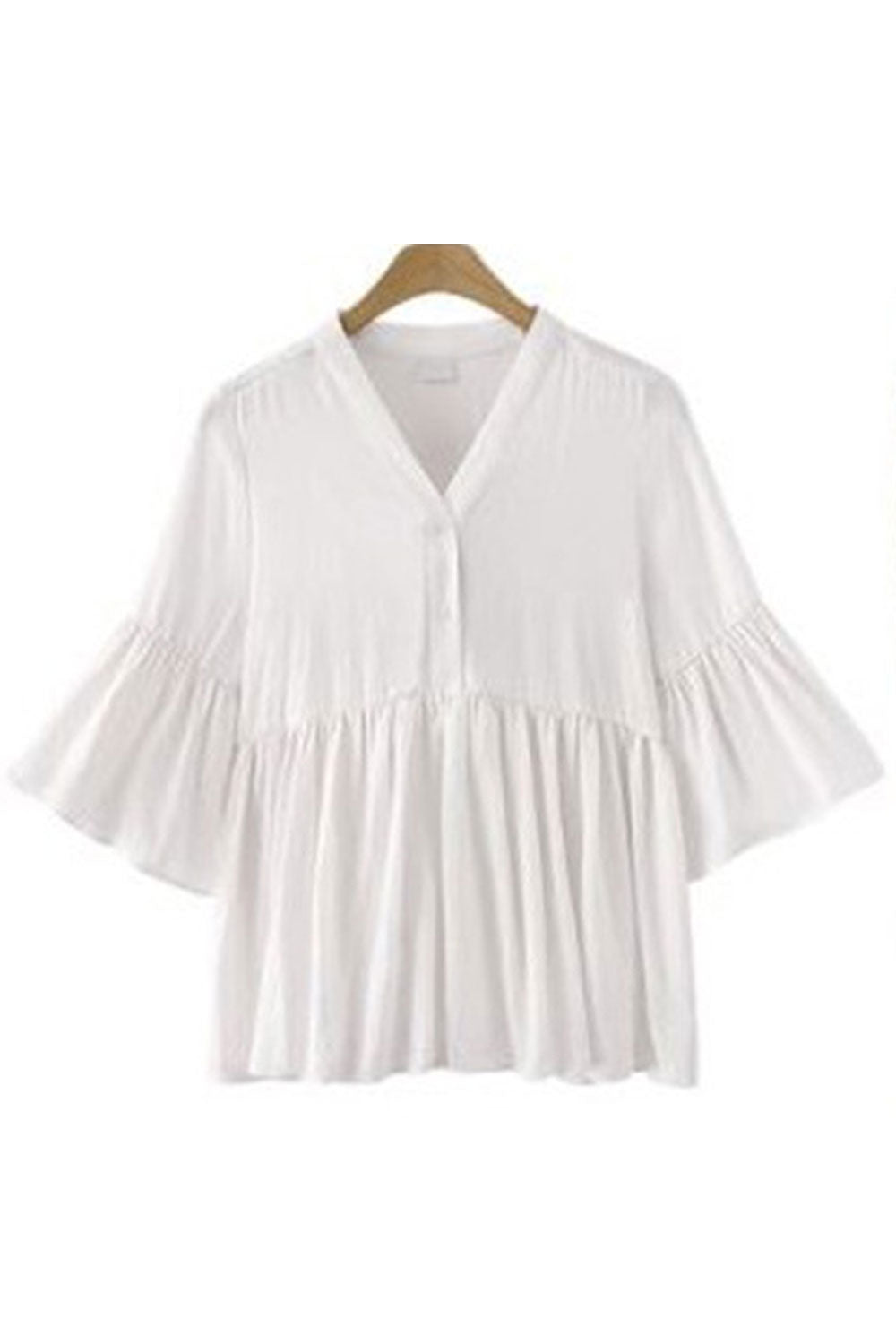 Women Stylish V Neck Bell Sleeves Solid Color Top