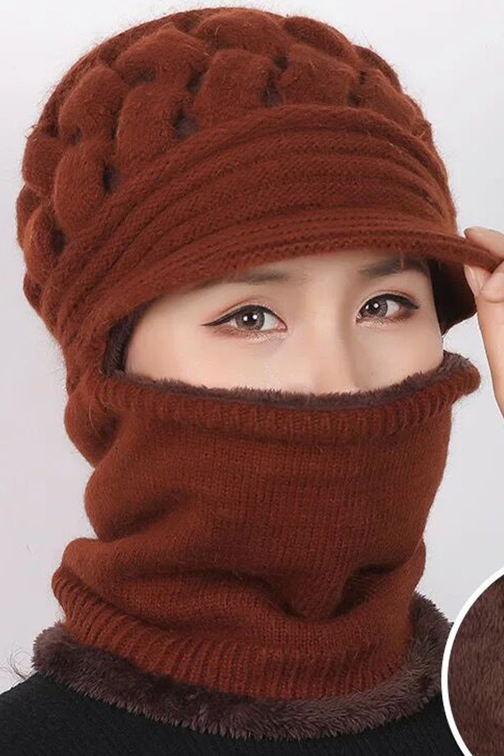Women Awesome Solid Color Bib Mask Attached Winter Cap