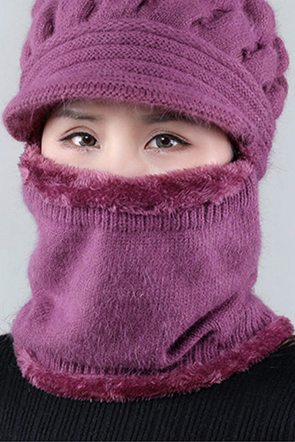 Women Awesome Solid Color Bib Mask Attached Winter Cap