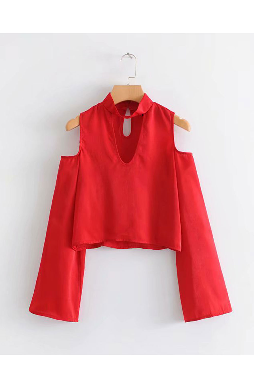 Women Fashion Solid Color Strapless Long Sleeves Short Top