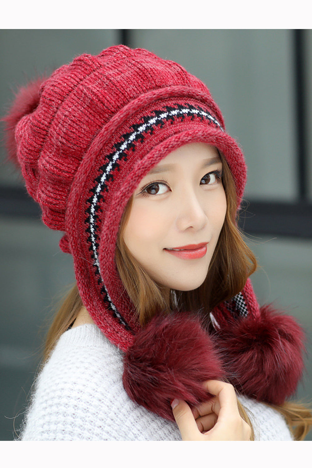 Women Beautiful Two Piece Stripe Pattern Glove Hair Ball Decorated Warm Cap