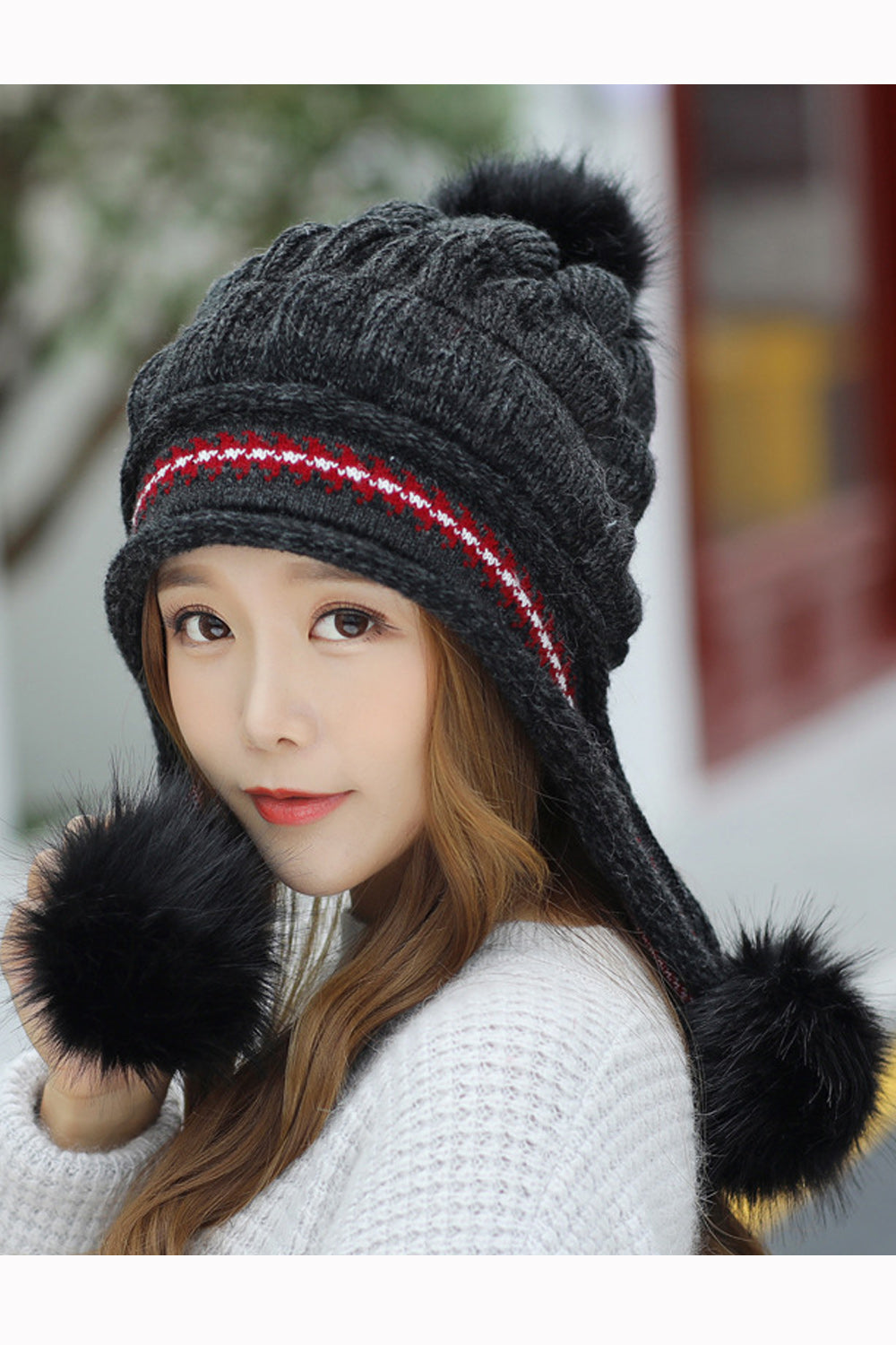 Women Beautiful Two Piece Stripe Pattern Glove Hair Ball Decorated Warm Cap