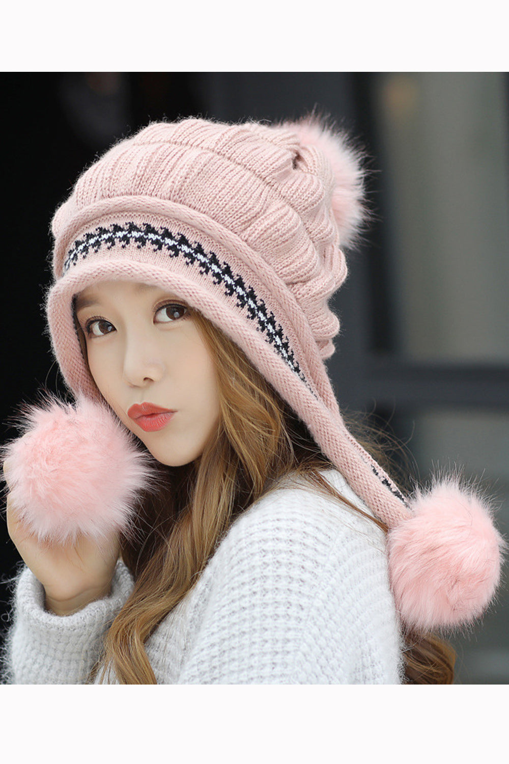 Women Beautiful Two Piece Stripe Pattern Glove Hair Ball Decorated Warm Cap