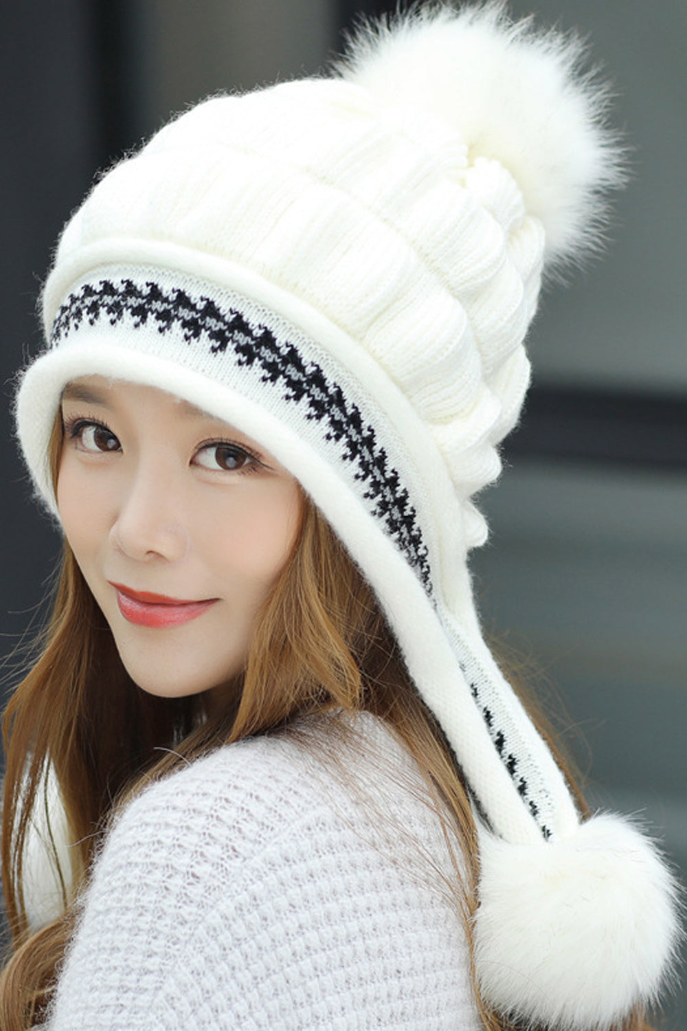Women Beautiful Two Piece Stripe Pattern Glove Hair Ball Decorated Warm Cap