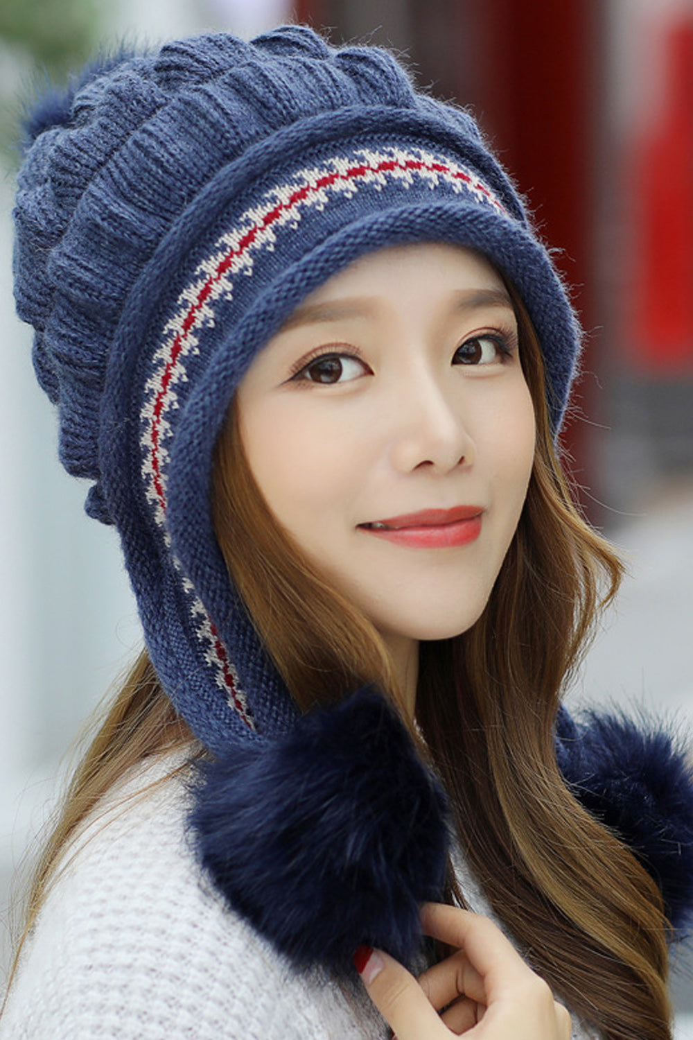 Women Beautiful Two Piece Stripe Pattern Glove Hair Ball Decorated Warm Cap