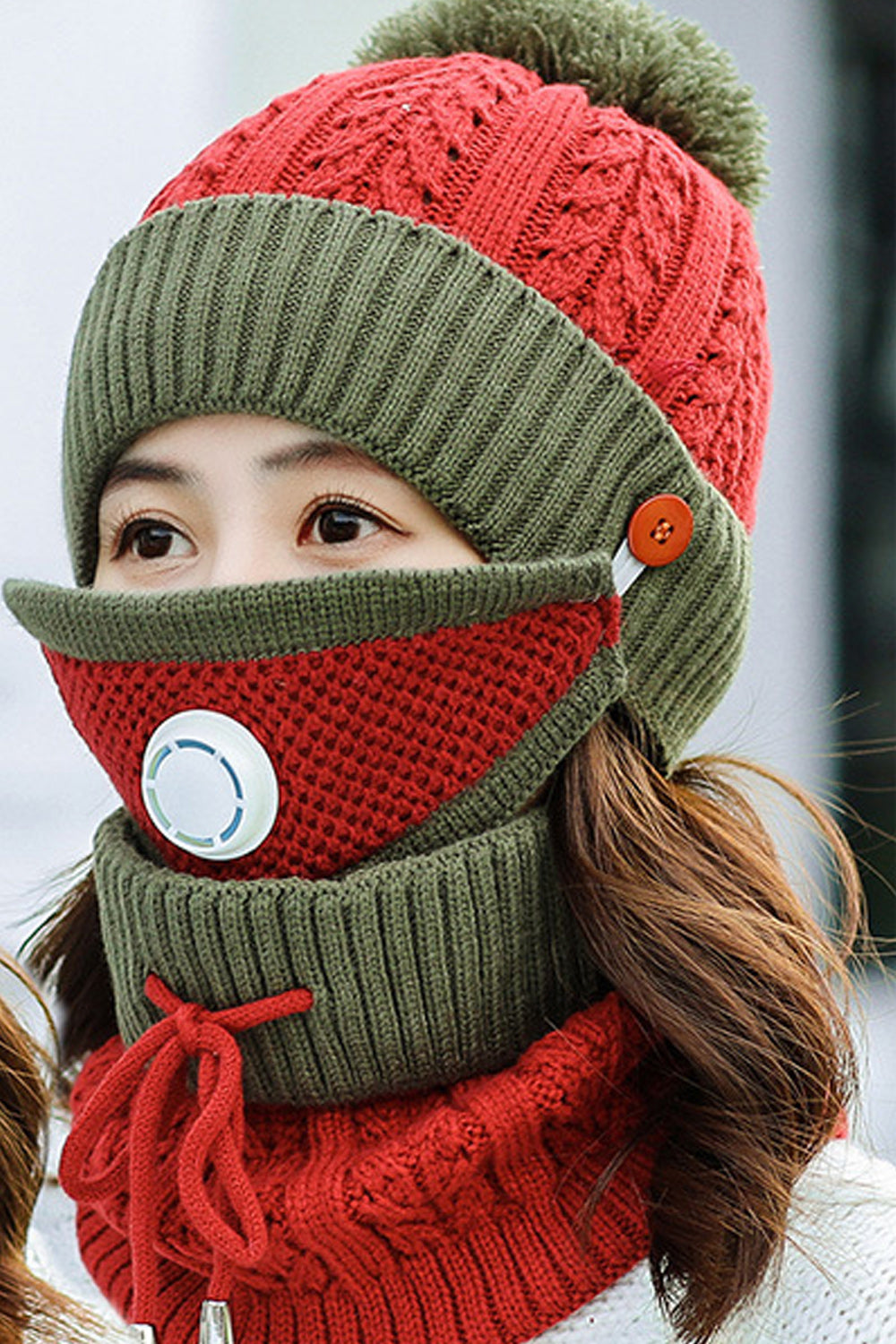 Women Beautiful Contrast Color Two Piece Scarf Set Warm Cap
