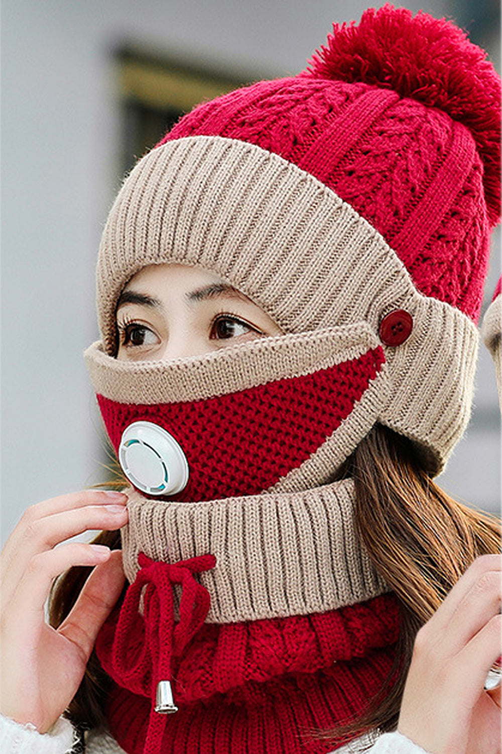 Women Beautiful Contrast Color Two Piece Scarf Set Warm Cap
