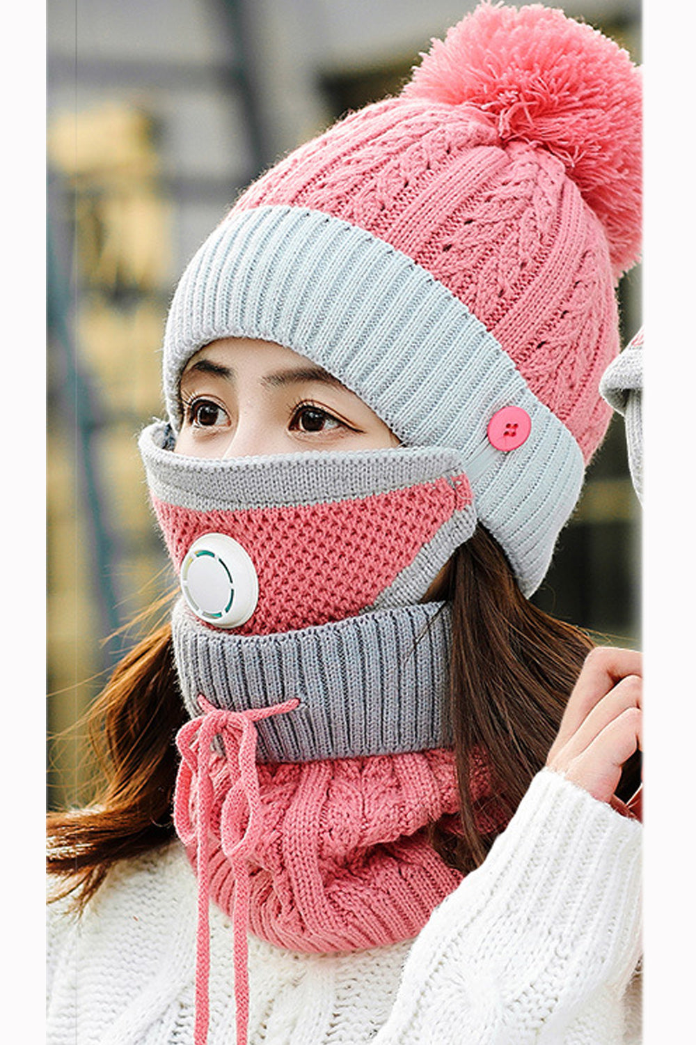 Women Beautiful Contrast Color Two Piece Scarf Set Warm Cap