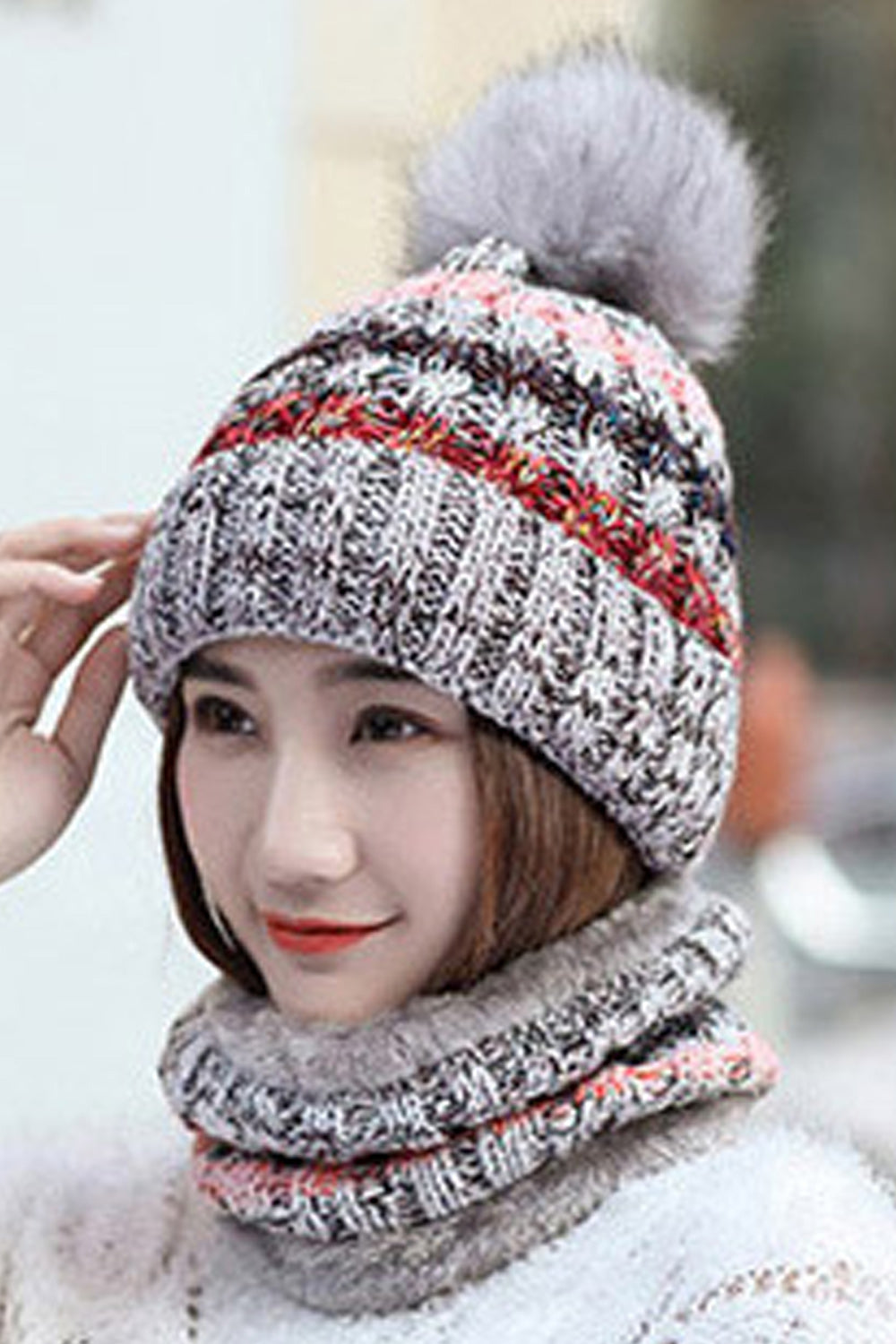 Women Stylish Contrast Color Scarf Set Two Piece Winter Cap