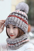 Women Stylish Contrast Color Scarf Set Two Piece Winter Cap
