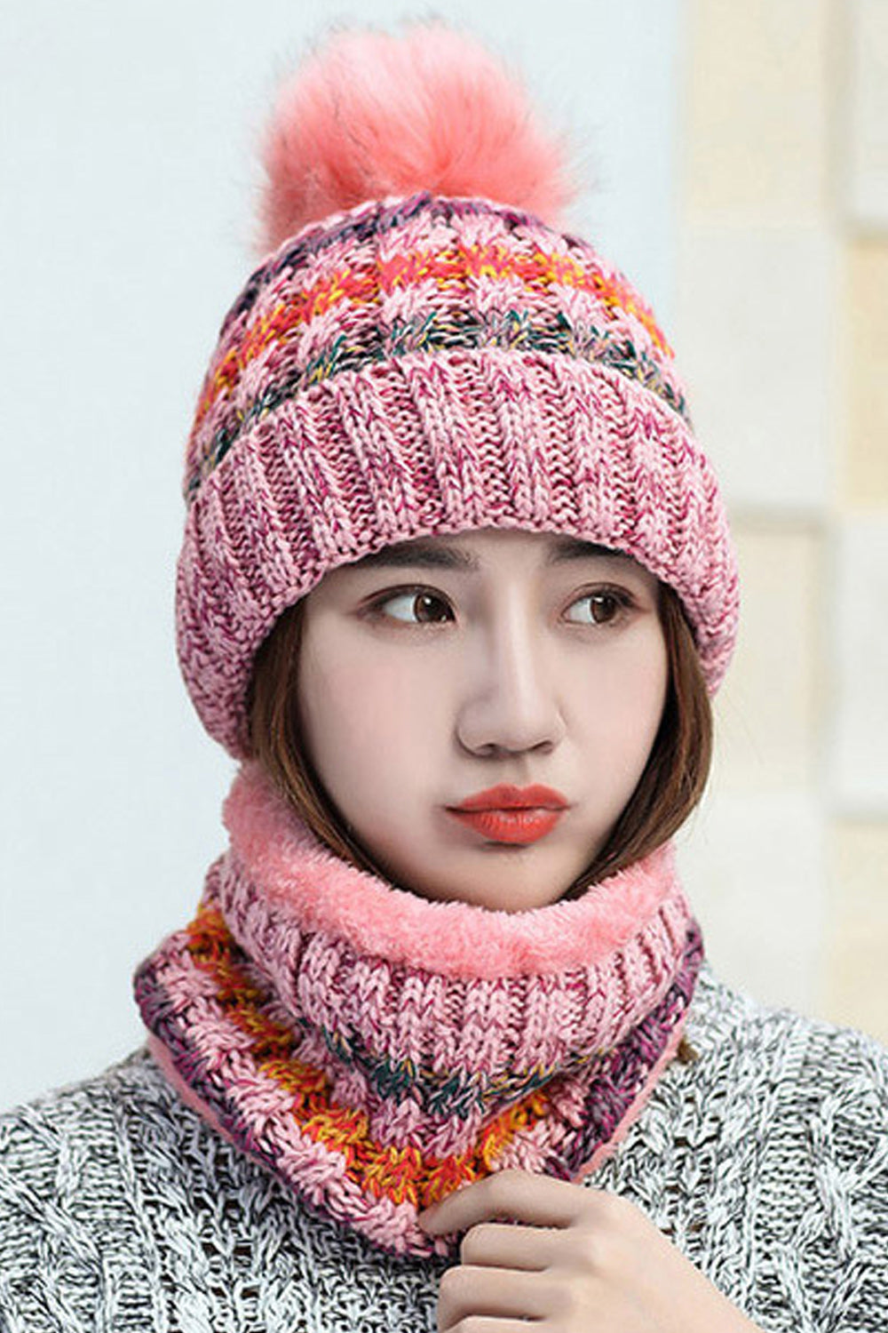 Women Stylish Contrast Color Scarf Set Two Piece Winter Cap
