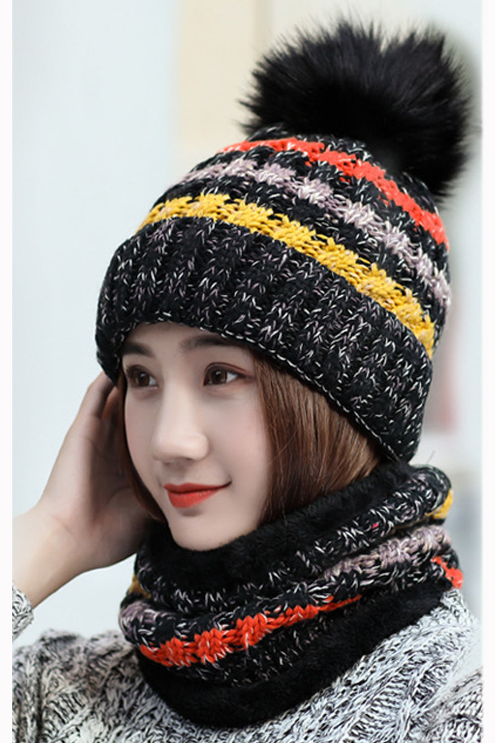 Women Stylish Contrast Color Scarf Set Two Piece Winter Cap