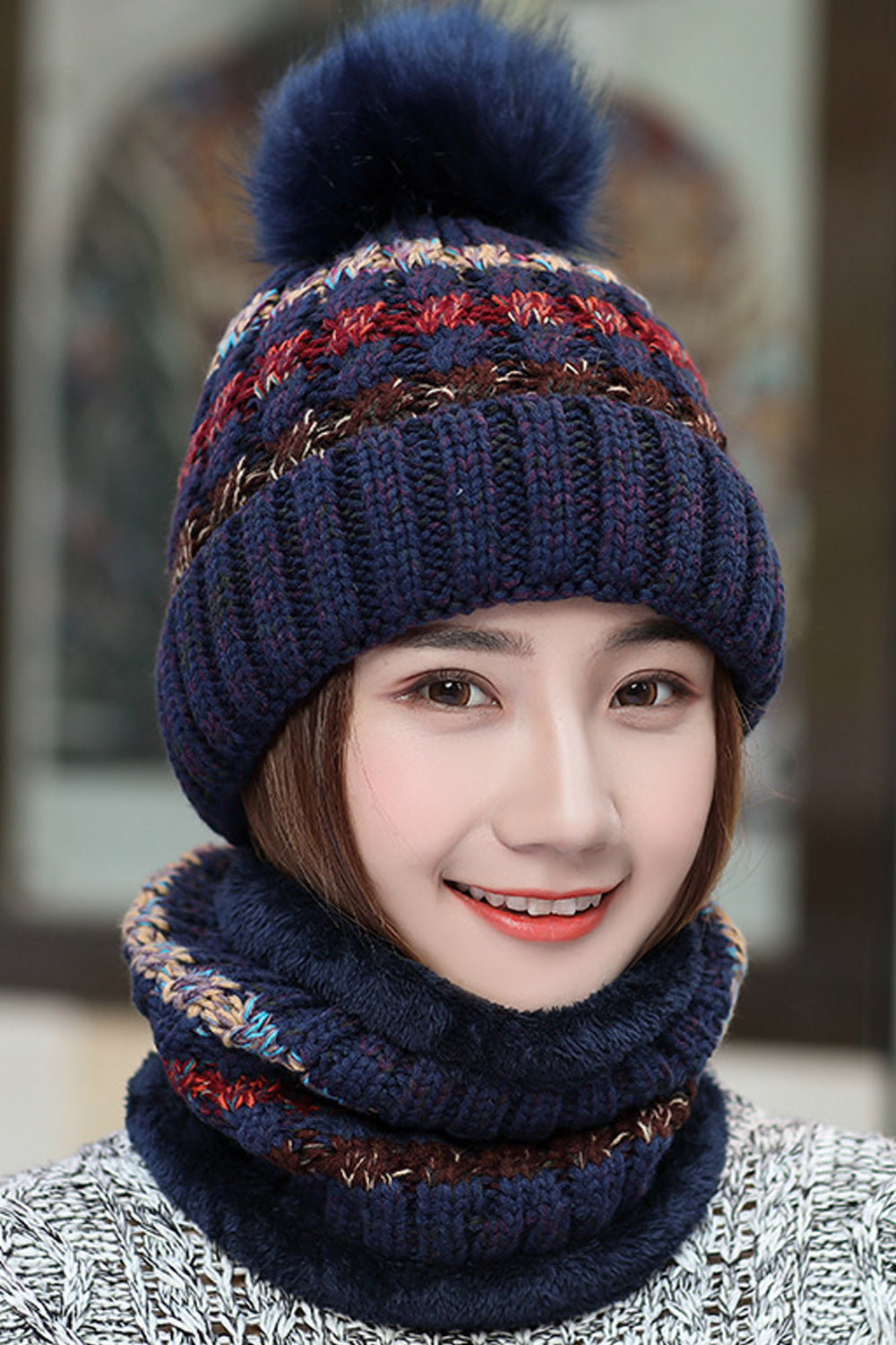 Women Stylish Contrast Color Scarf Set Two Piece Winter Cap