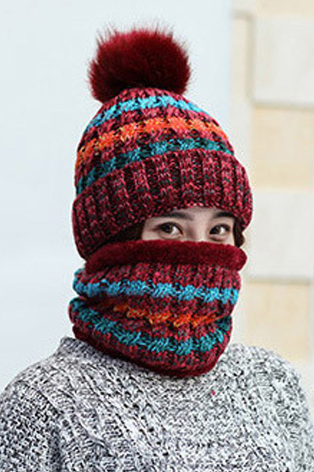 Women Stylish Contrast Color Scarf Set Two Piece Winter Cap
