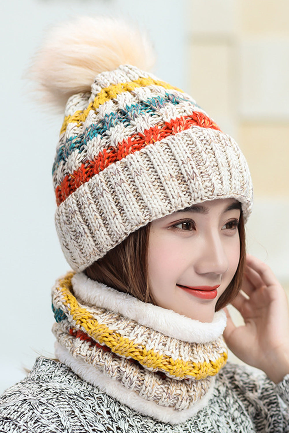 Women Stylish Contrast Color Scarf Set Two Piece Winter Cap