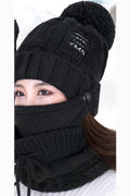 Women Two Piece Solid Color Scarf Set Letter Embroidered Warm Cap