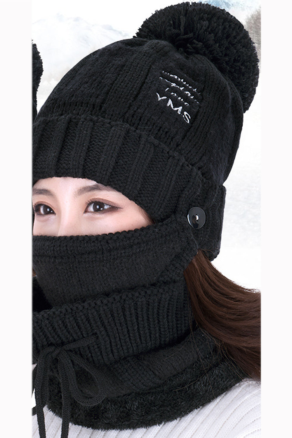 Women Two Piece Solid Color Scarf Set Letter Embroidered Warm Cap