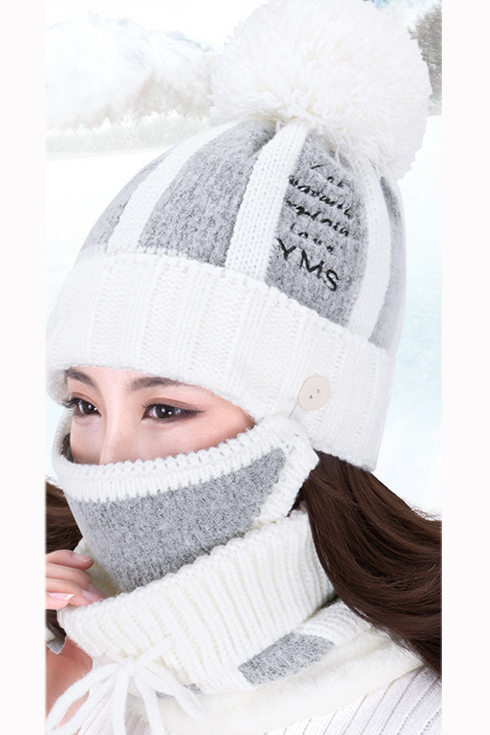 Women Two Piece Solid Color Scarf Set Letter Embroidered Warm Cap
