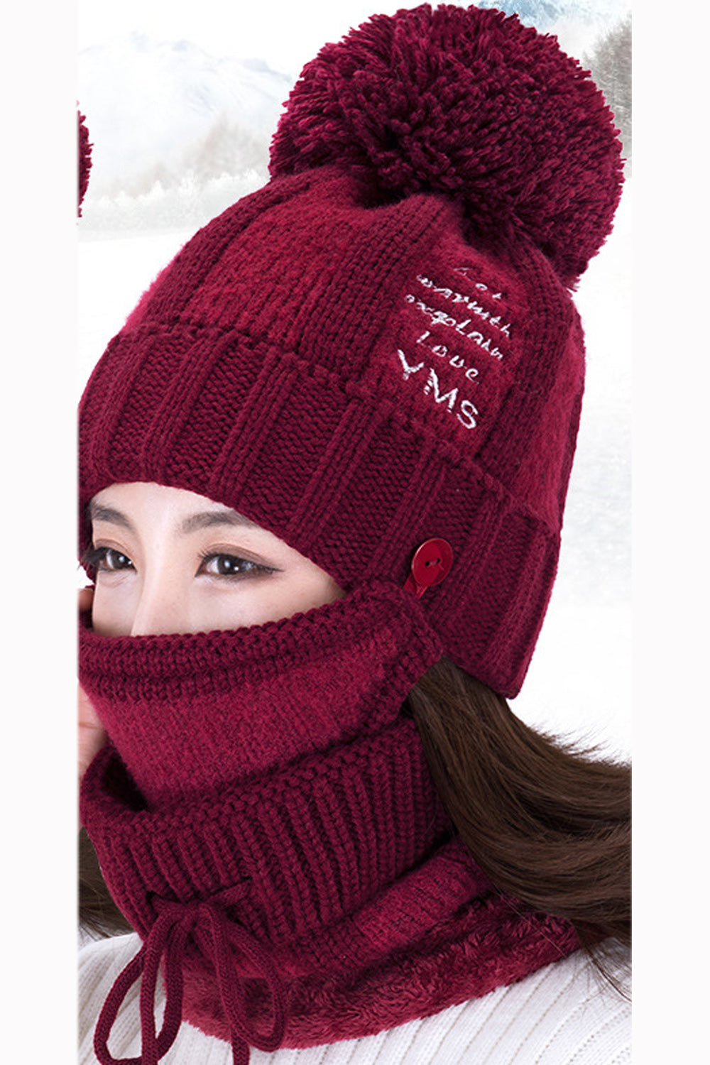 Women Two Piece Solid Color Scarf Set Letter Embroidered Warm Cap