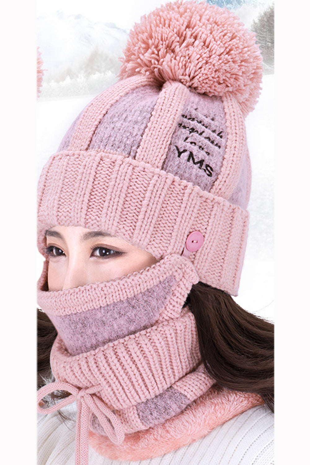 Women Two Piece Solid Color Scarf Set Letter Embroidered Warm Cap