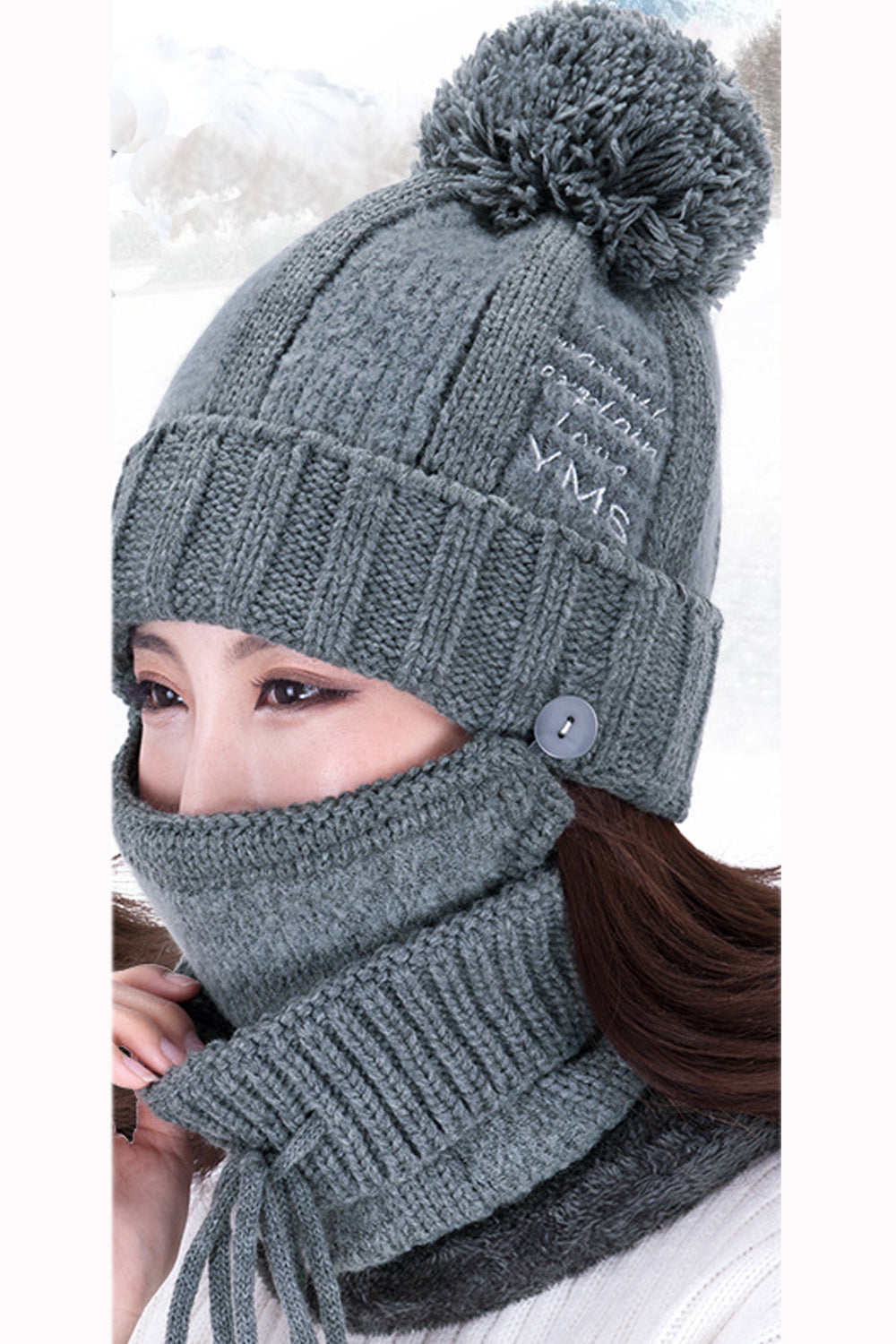 Women Two Piece Solid Color Scarf Set Letter Embroidered Warm Cap