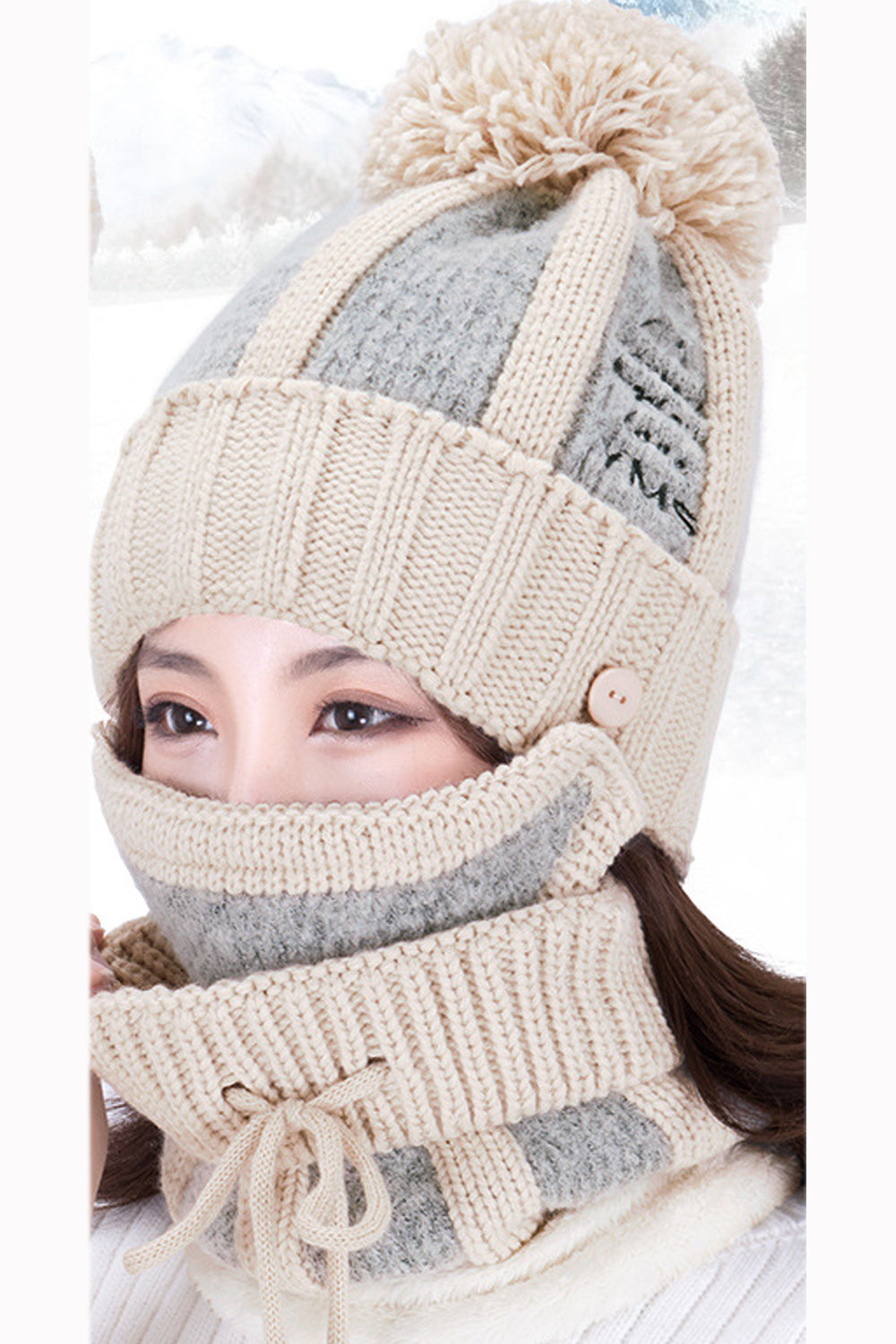Women Two Piece Solid Color Scarf Set Letter Embroidered Warm Cap