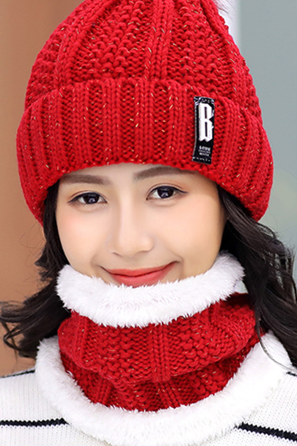 Women Charming Two Piece Solid Color Scarf Set Warm Cap