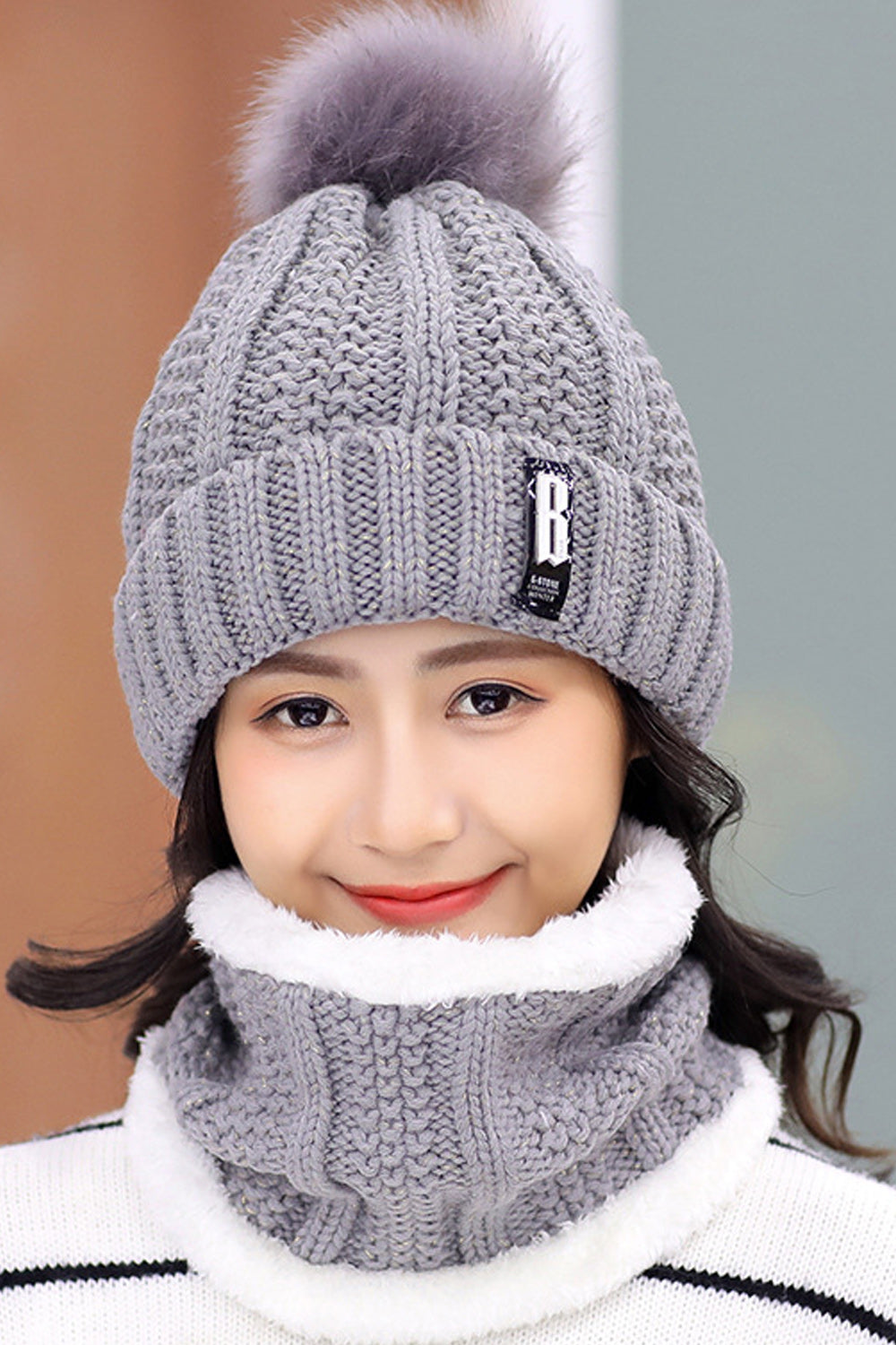 Women Charming Two Piece Solid Color Scarf Set Warm Cap